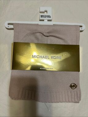 Michael Kors Blush Pink Knit Scarf & Beanie Set with Gold MK Accent